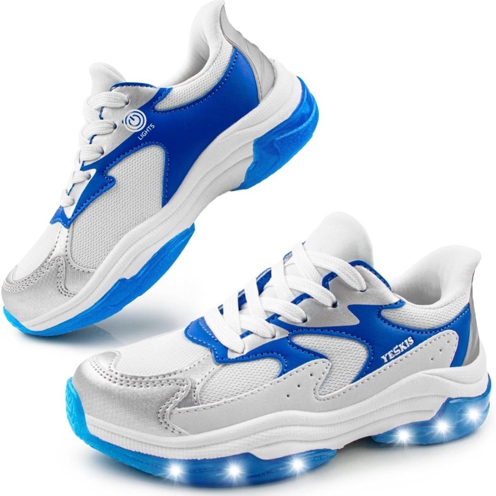 Yeskis White and Blue Kids' Light-Up Sneakers